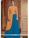 Savory Blue Embroidered Work Banarasi Silk Long Choli Lehenga