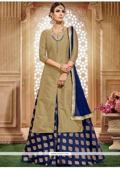 Lace Tafeta Silk Long Choli Lehenga In Beige And Navy Blue