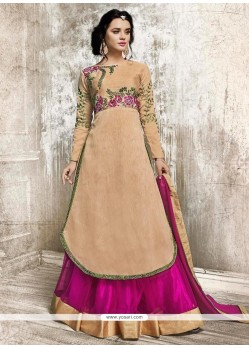 Whimsical Faux Georgette Beige And Hot Pink Patch Border Work Long Choli Lehenga