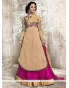 Whimsical Faux Georgette Beige And Hot Pink Patch Border Work Long Choli Lehenga