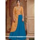 Savory Blue Embroidered Work Banarasi Silk Long Choli Lehenga