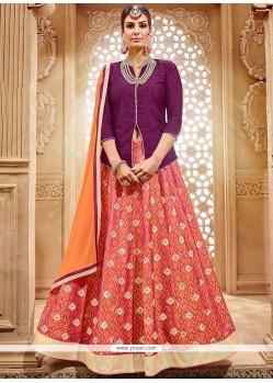 Whimsical Patch Border Work Peach And Purple Long Choli Lehenga