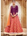 Whimsical Patch Border Work Peach And Purple Long Choli Lehenga