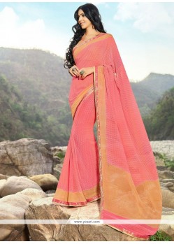 Winsome Faux Georgette Peach Lace Work Classic Saree