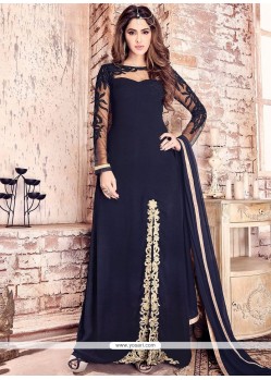 Catchy Faux Georgette Navy Blue Embroidered Work Floor Length Designer Suit