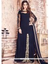 Catchy Faux Georgette Navy Blue Embroidered Work Floor Length Designer Suit