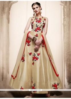 Resham Art Silk Floor Length Anarkali Suit In Cream