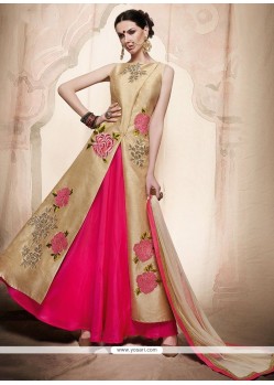 Fabulous Cream And Pink Resham Work Art Silk Long Choli Lehenga