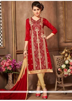 Graceful Cotton Red Embroidered Work Churidar Designer Suit