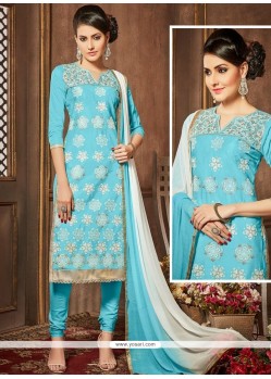 Floral Lace Work Blue Cotton Churidar Designer Suit