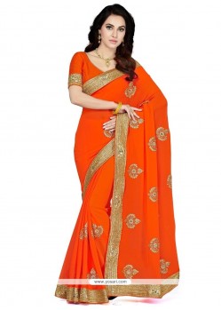 Monumental Orange Embroidered Work Faux Chiffon Designer Saree