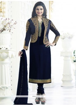 Prachi Desai Embroidered Work Navy Blue Churidar Designer Suit