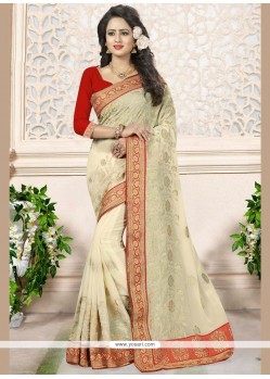 Tantalizing Faux Georgette Beige Embroidered Work Classic Designer Saree