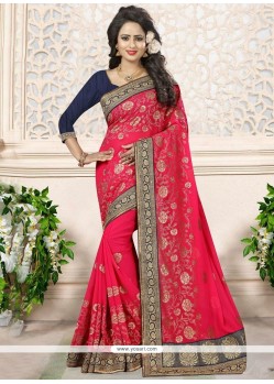 Bedazzling Hot Pink Embroidered Work Faux Georgette Designer Saree