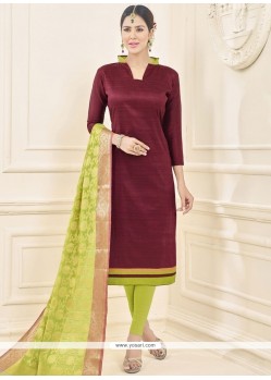 Lace Cotton Churidar Suit In Maroon