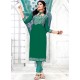 Flamboyant Print Work Faux Chiffon Sea Green Churidar Suit