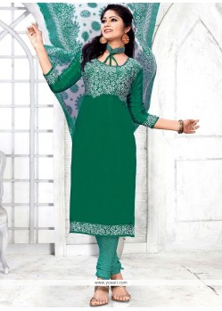 Flamboyant Print Work Faux Chiffon Sea Green Churidar Suit