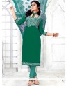 Flamboyant Print Work Faux Chiffon Sea Green Churidar Suit