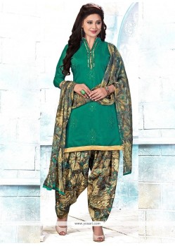 Nice Cotton Green Embroidered Work Punjabi Suit