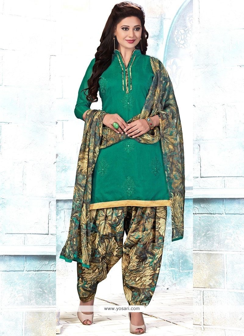 Buy Nice Cotton Green Embroidered Work Punjabi Suit | Punjabi Patiala Suits