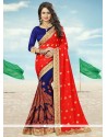 Praiseworthy Navy Blue And Red Embroidered Work Half N Half Designer Saree