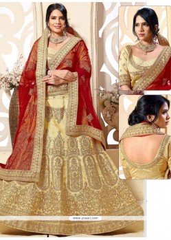 Swanky Banglori Silk Cream Embroidered Work Lehenga Choli