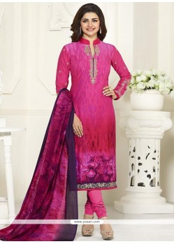 Piquant Hot Pink Embroidered Work Cotton Churidar Suit