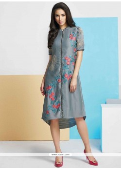 Modish Embroidered Work Grey Art Silk Designer Kurti