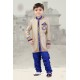 Beige And Blue Silk Jacquard Sherwani For Kids
