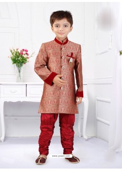 Vivacious Red Silk Jacquard Mandarin Collar Sherwani For Boys