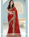 Fine Faux Georgette Red Patch Border Work Classic Saree