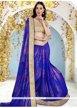 Glamorous Blue Patch Border Work Faux Georgette Classic Saree