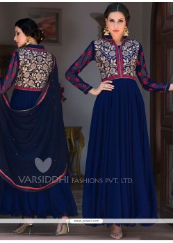 Transcendent Faux Georgette Navy Blue Embroidered Work Anarkali Suit
