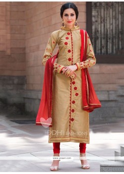 Lovable Banarasi Silk Beige And Red Embroidered Work Churidar Designer Suit