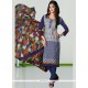 Glitzy Print Work Blue And Grey Cotton Churidar Suit