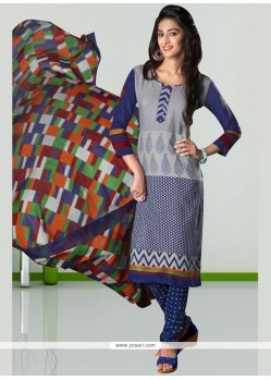 Glitzy Print Work Blue And Grey Cotton Churidar Suit