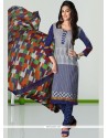 Glitzy Print Work Blue And Grey Cotton Churidar Suit