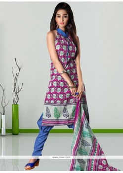 Scintillating Grey And Pink Print Work Churidar Suit