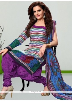 Sumptuous Print Work Multi Colour Cotton Churidar Salwar Kameez