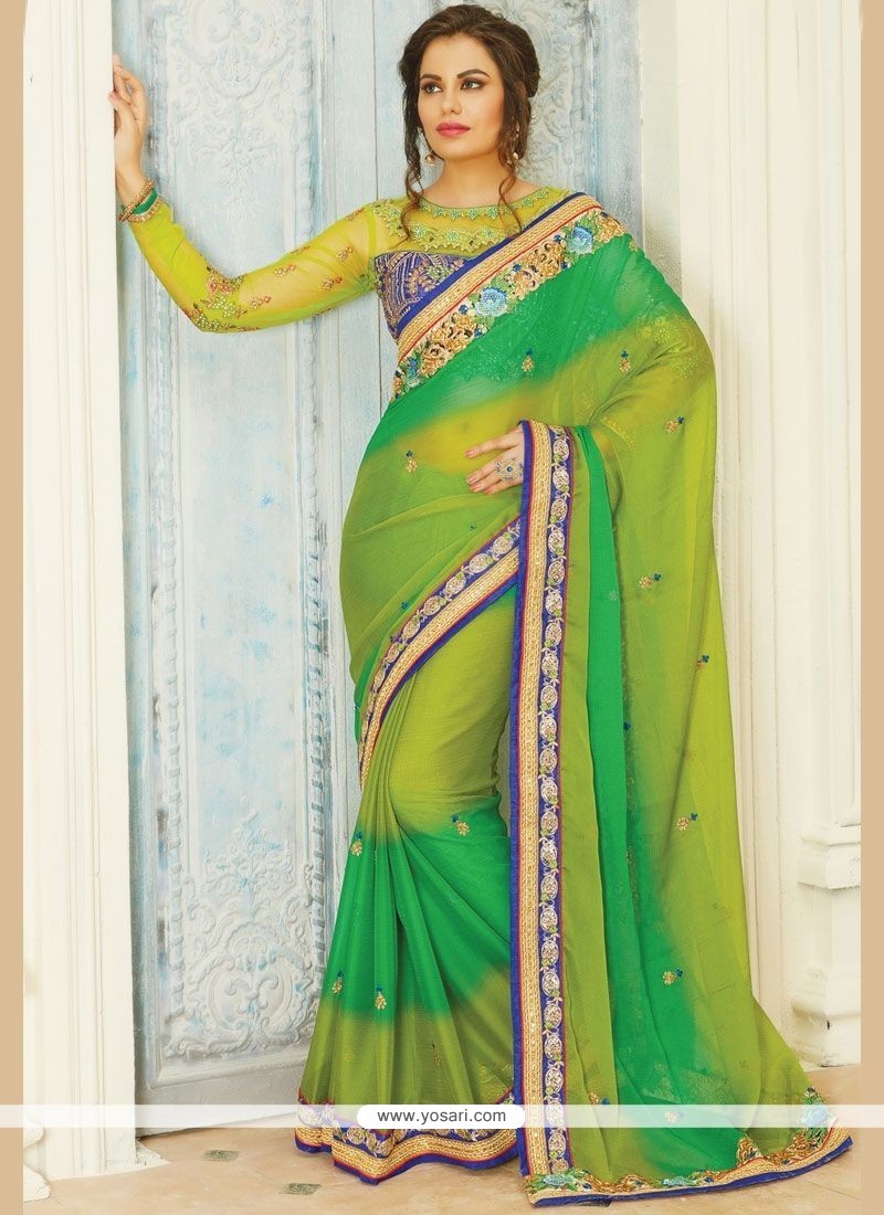 Tantalizing Green Embroidered Work Chiffon Satin Classic Saree