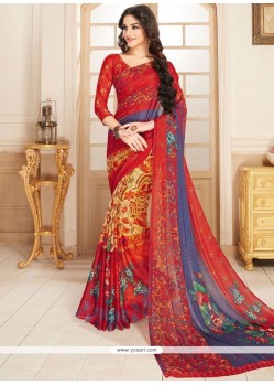 Print Georgette Designer Saree In Red And Yellow