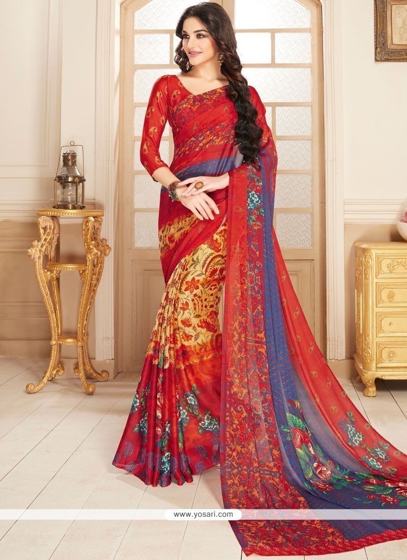 Print Georgette Designer Saree In Red And Yellow