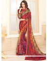 Capricious Print Work Maroon And Yellow Georgette Printed Saree