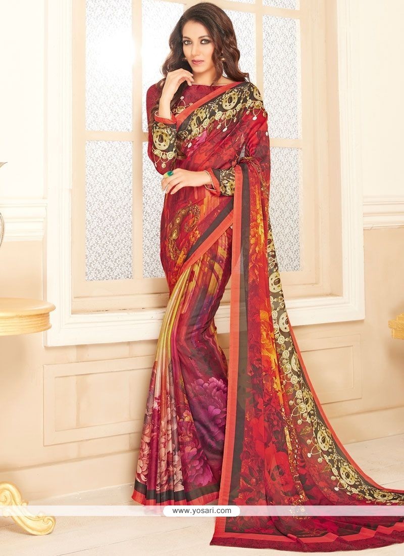 Capricious Print Work Maroon And Yellow Georgette Printed Saree