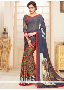 Fab Georgette Grey And Multi Colour Print Work Printed Saree