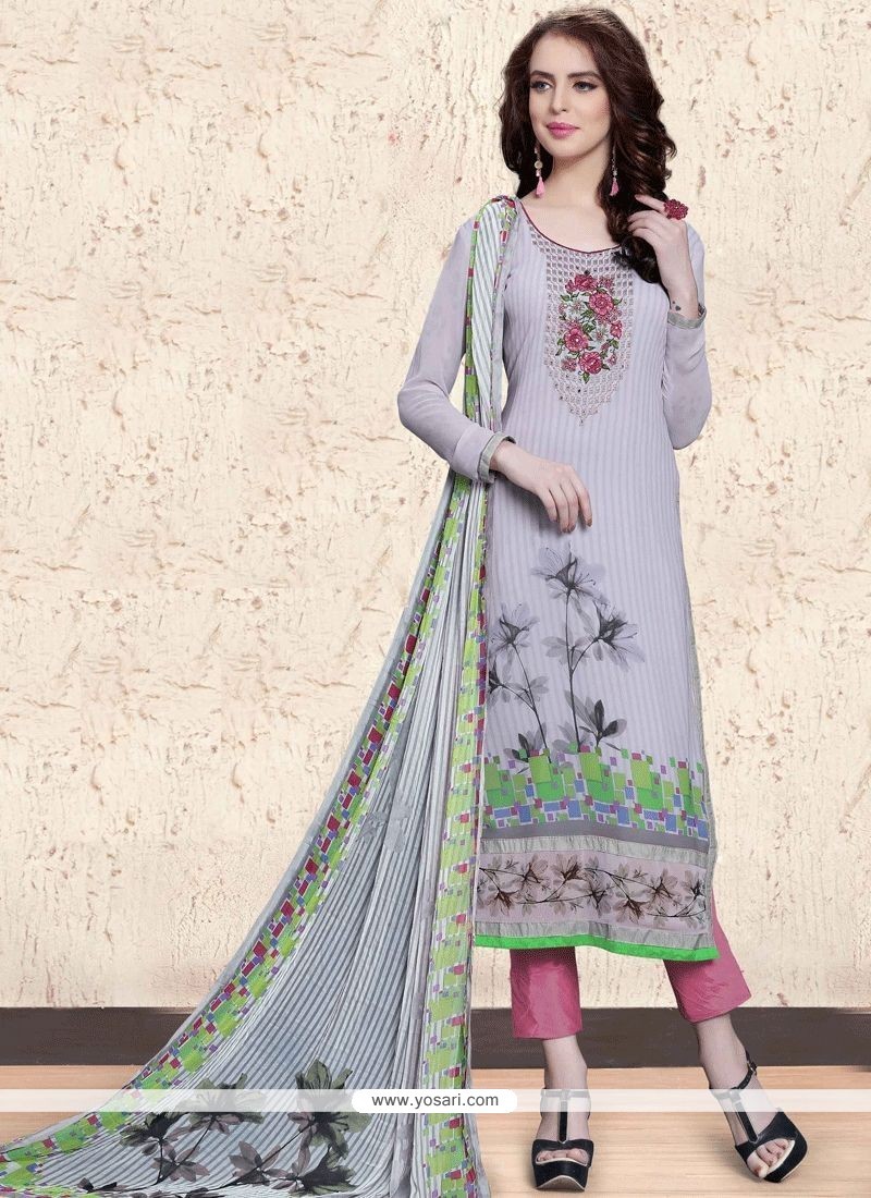 Lively Print Work Grey Faux Georgette Pant Style Suit