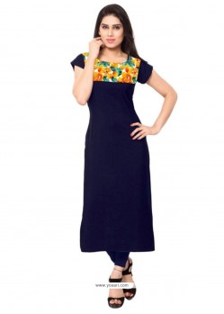 Print Faux Crepe Casual Kurti In Navy Blue
