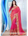 Artistic Hot Pink Patch Border Work Crepe Silk Traditional Saree
