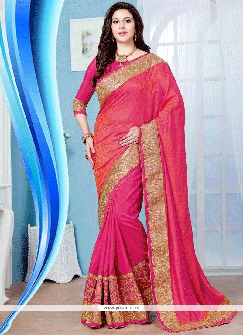 Artistic Hot Pink Patch Border Work Crepe Silk Traditional Saree