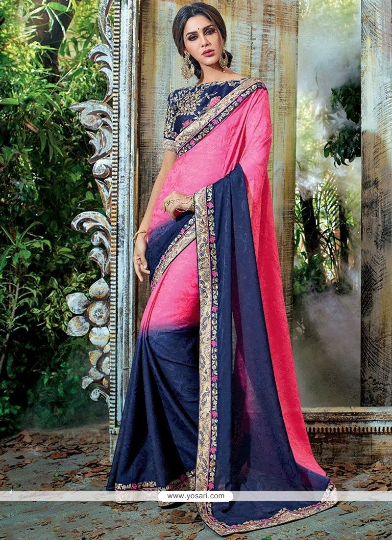 Customary Faux Chiffon Embroidered Work Shaded Saree